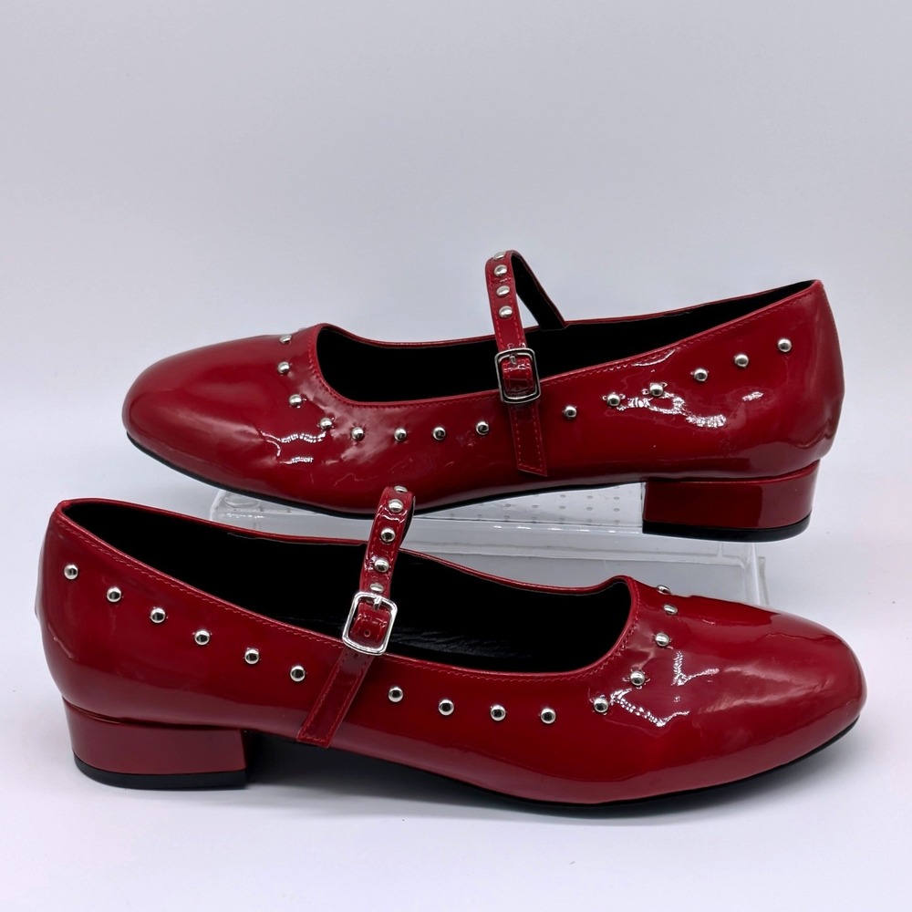 Women's Ruby Red Mary Jane Heels Studded Patent Shoes Size 11 EU 42 Goth